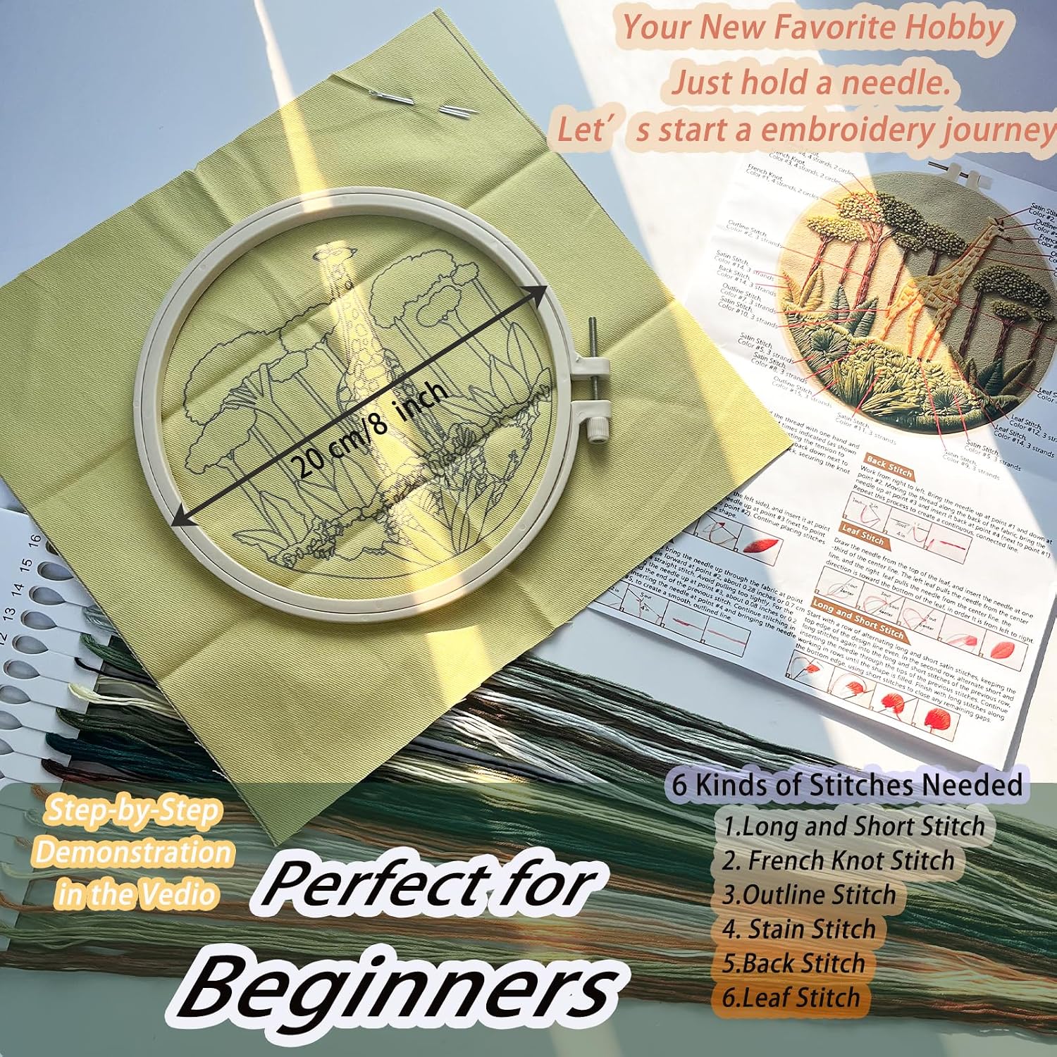 FONNUY Giraffe Pre-Stamped Embroidery Pattern for Beginners, Boho Needlepoint Kits for Beginners Cross Stitch Craft Sewing Full Needles and Thread Hoop Kit (Giraffe 02)