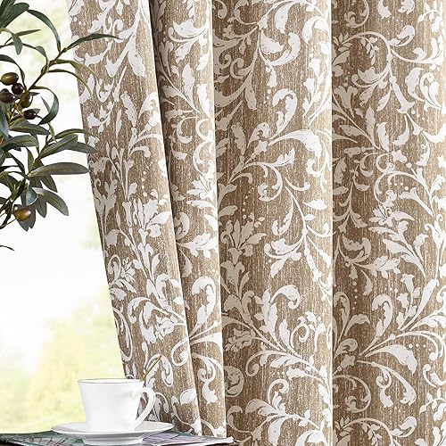 Vangao Cortinas opacas florales color gris pardo de 84 pulgadas de largo para dormitorio, cortinas de flores para sala de estar, con ojales,