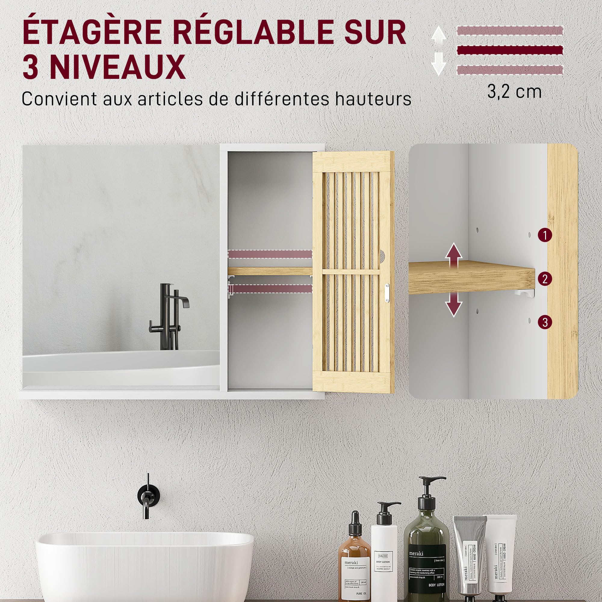 HOMCOM Armoire de Salle de Bain avec Miroir 60 x 14 x 50 cm Blanc