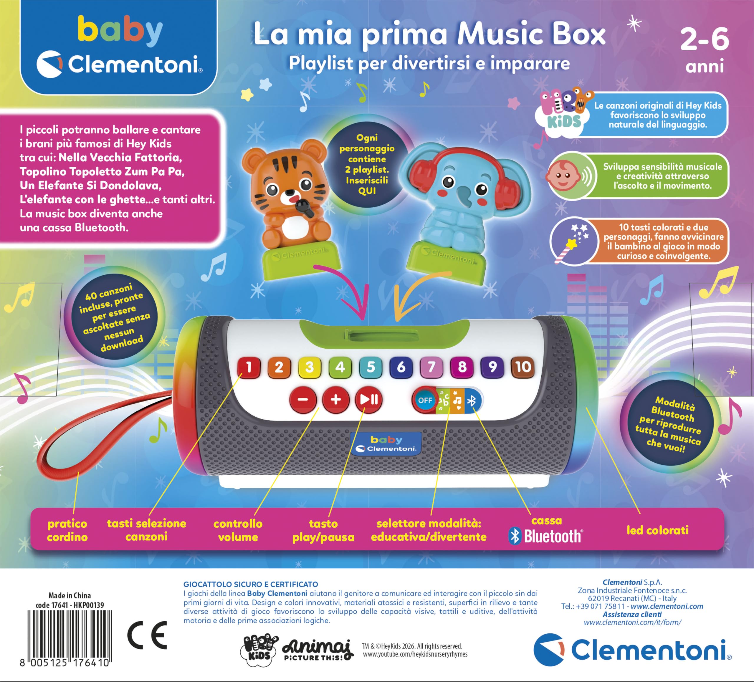 Clementoni Baby - La Mia Prima Music Box, Altoparlante Educativo Bluetooth Bambini 2-6 Anni, Cassa Musicale con 40 Canzoni Hey Kids, Luci LED e 2 Personaggi, Lingua Italiana, 17641