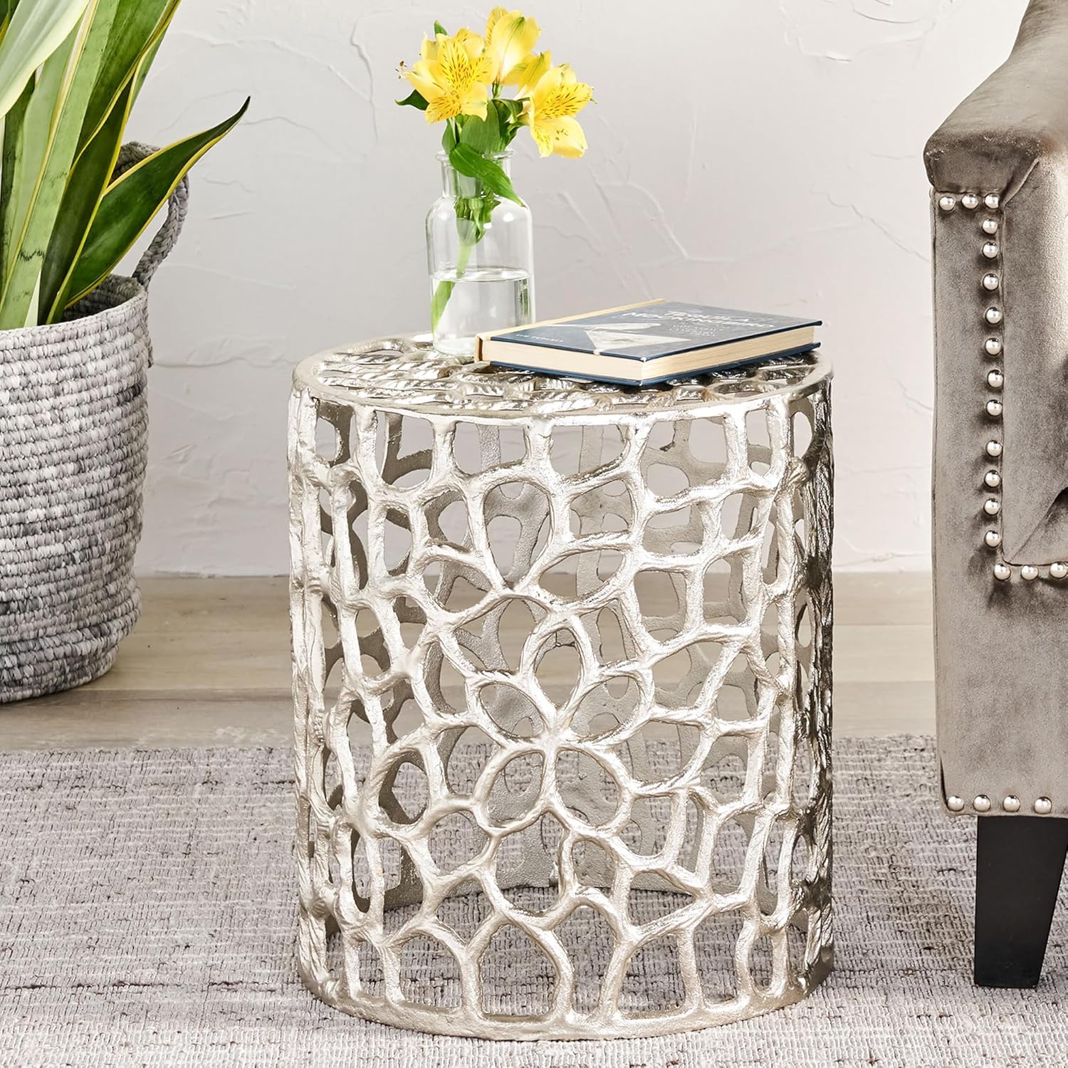 Silver Round End Table Modern Mesh Metal Sofa Side Table