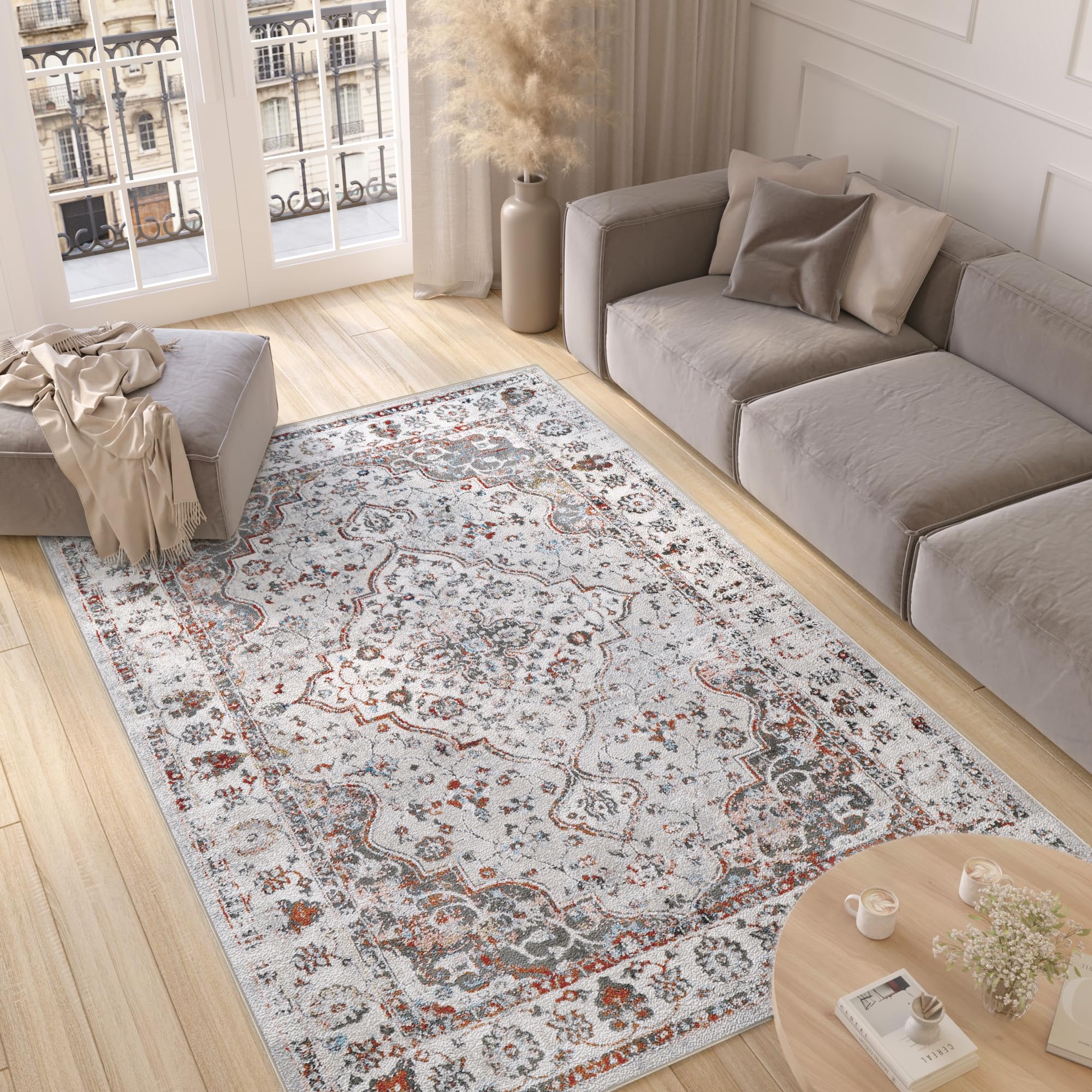 TAPISO Valley Teppich Kurzflor Hellgrau Rostbraun Blau Ornament 300 x 400 cm