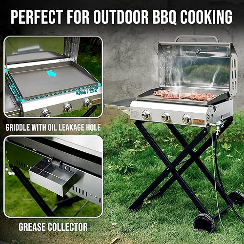 Miniatura 7 de Plancha portátil de gas propano de 3 quemadores con carrito plegable y mesa auxiliar, parrilla de gas plana con tapa, para cocinar al aire libre,