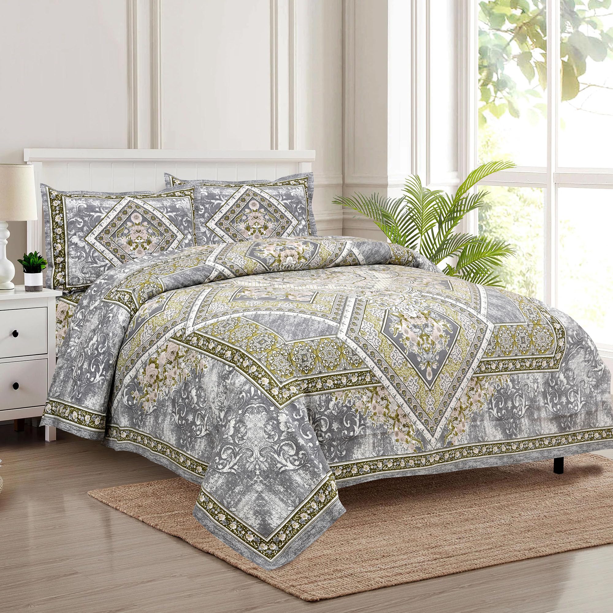 Kuber Industries Double Bedsheet with 2 Pillow Covers | 186 TC Premium Cotton Bedsheet for Double Bed | Bedsheet for Living Room-Home & Hotels | Arabic Beauty Flower Square | 100x108 Inch | Gray (B0CV3L2R9Y) Amazon Price History, Amazon Price Tracker