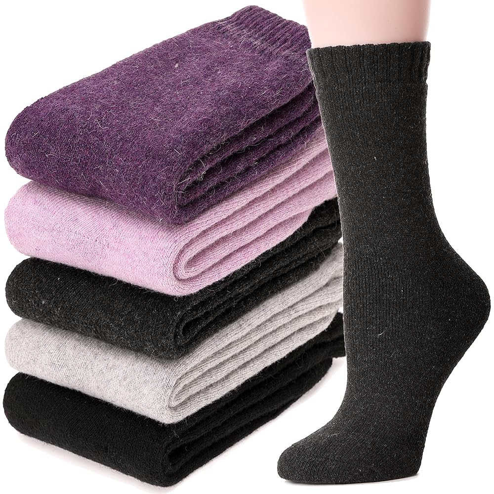 MOGGEI Womens Merino Wool Socks for Hiking Winter Warm Thick Thermal Crew Cozy Cabin Ladies Gift Comfy Boot Work Socks 5 Pairs(Solid Color A)