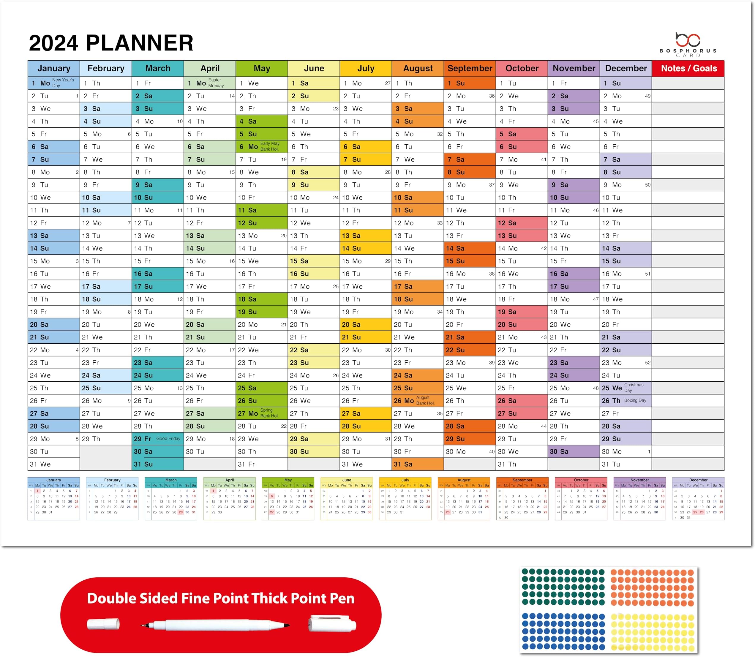 2024 LAMINATED Year Yearly Annual Office Home Wall Planner Calendar With Pen And Stickers Stickers & Adhesive Mounting Pads (35x50 cm, Design 2)