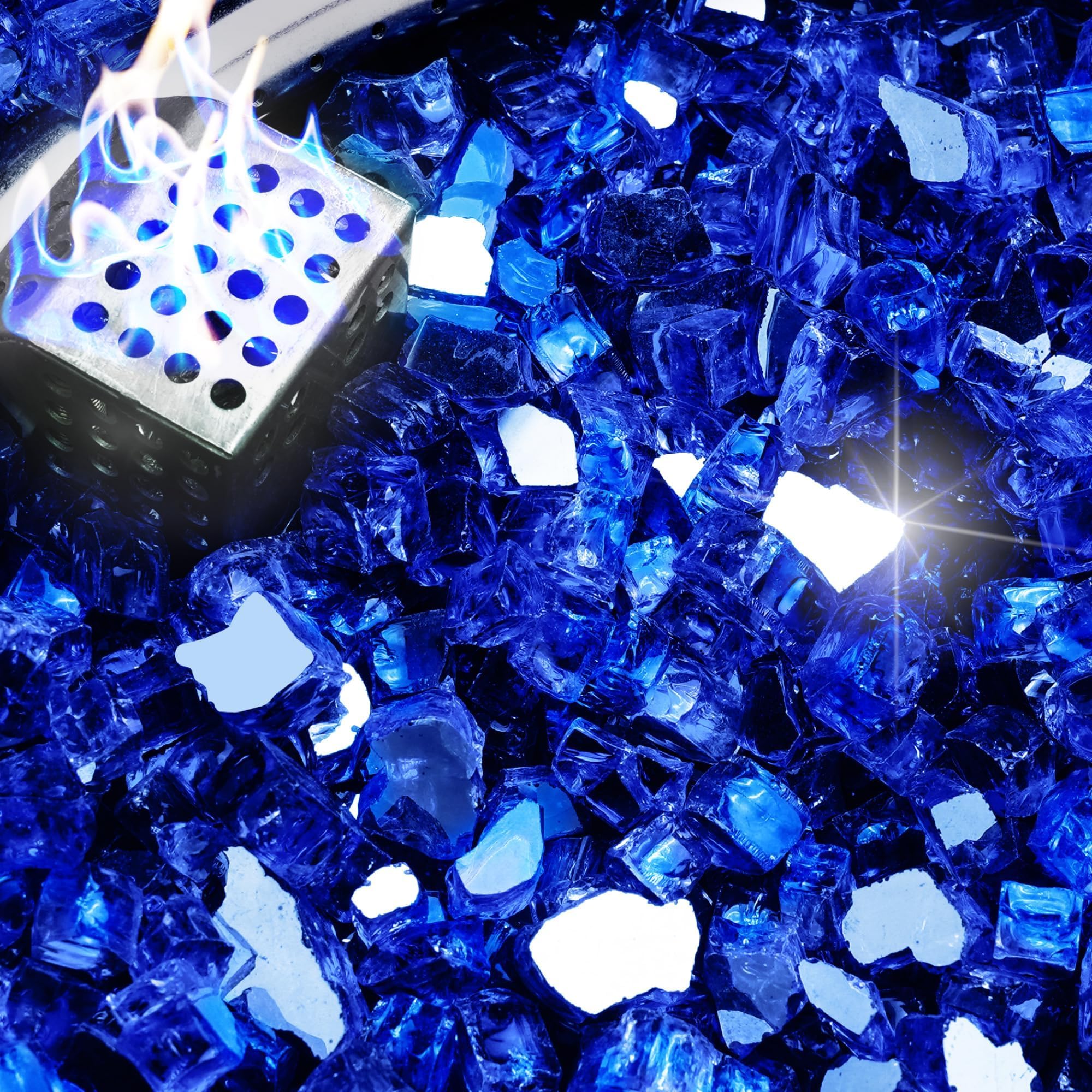 NUPICK 10 Pound Fire Glass, 1/2 Inch Reflective Fire Glass, Fit with Fire Pit Glass and Fireplace Glass, Blue