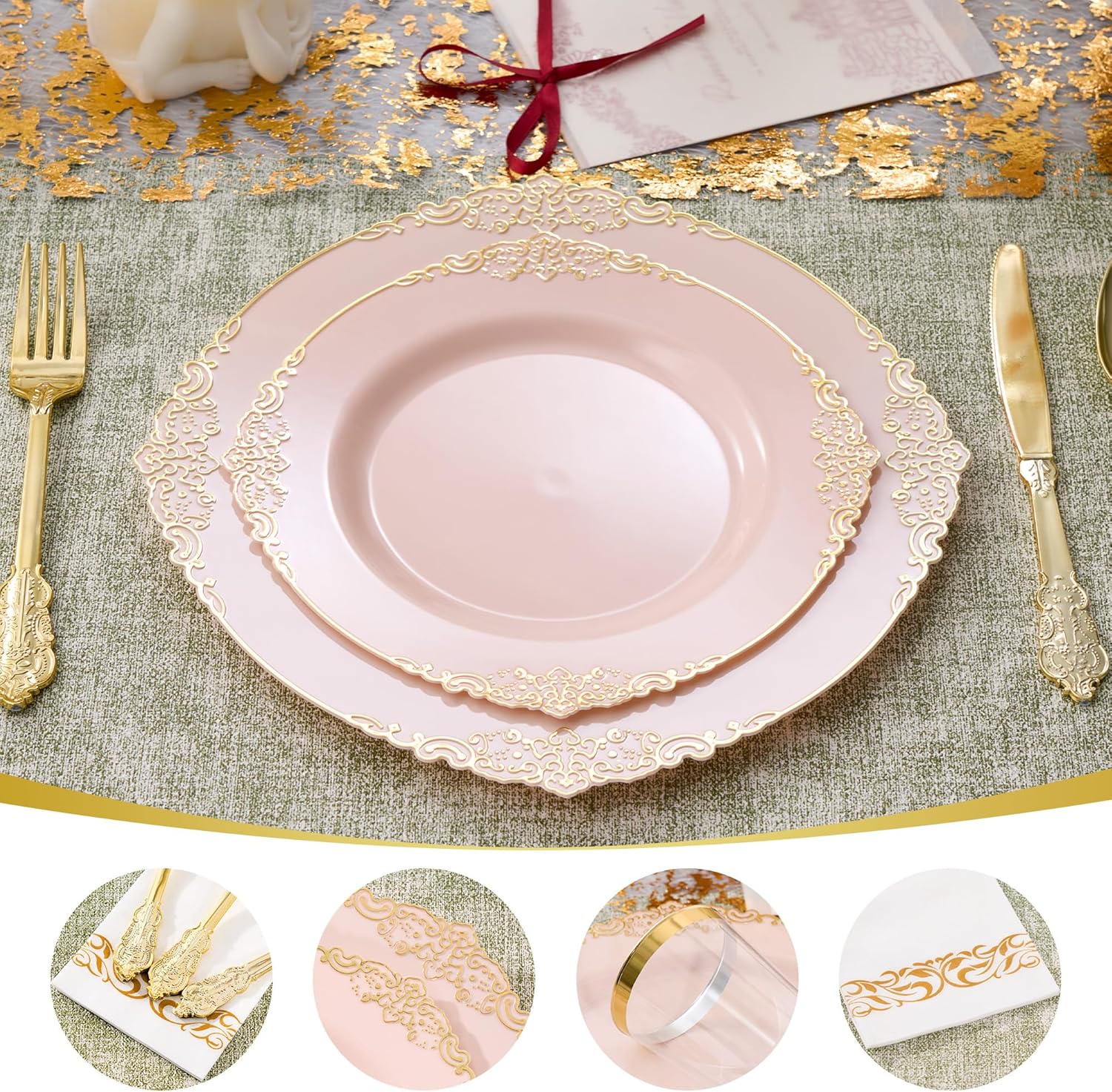 350pcs Pink Plastic Plates, Elegant Disposable Dinnerware Set, 125 Pieces, White and Gold, Plates, Cups, Cutlery and Napkins (Pink, 50 Guests) - Image 3