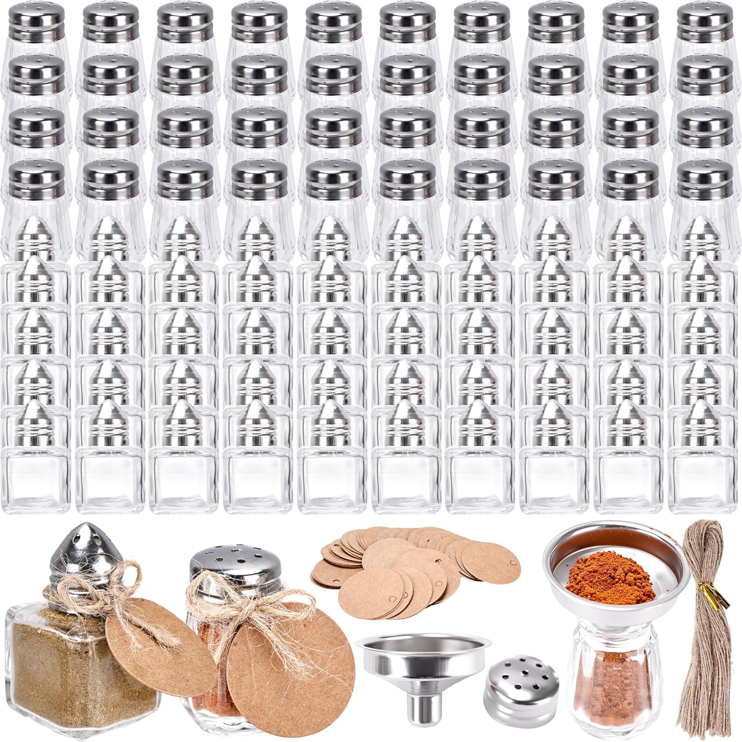 100 Set Mini Salt and Pepper Shakers Bulk 0.5 oz Silver Glass Clear Spice Shaker with 5 Stainless Steel Funnel 100 Tags 100 Ropes for Home Kitchen Picnic Wedding Birthday Party Supplies, 2 Styles