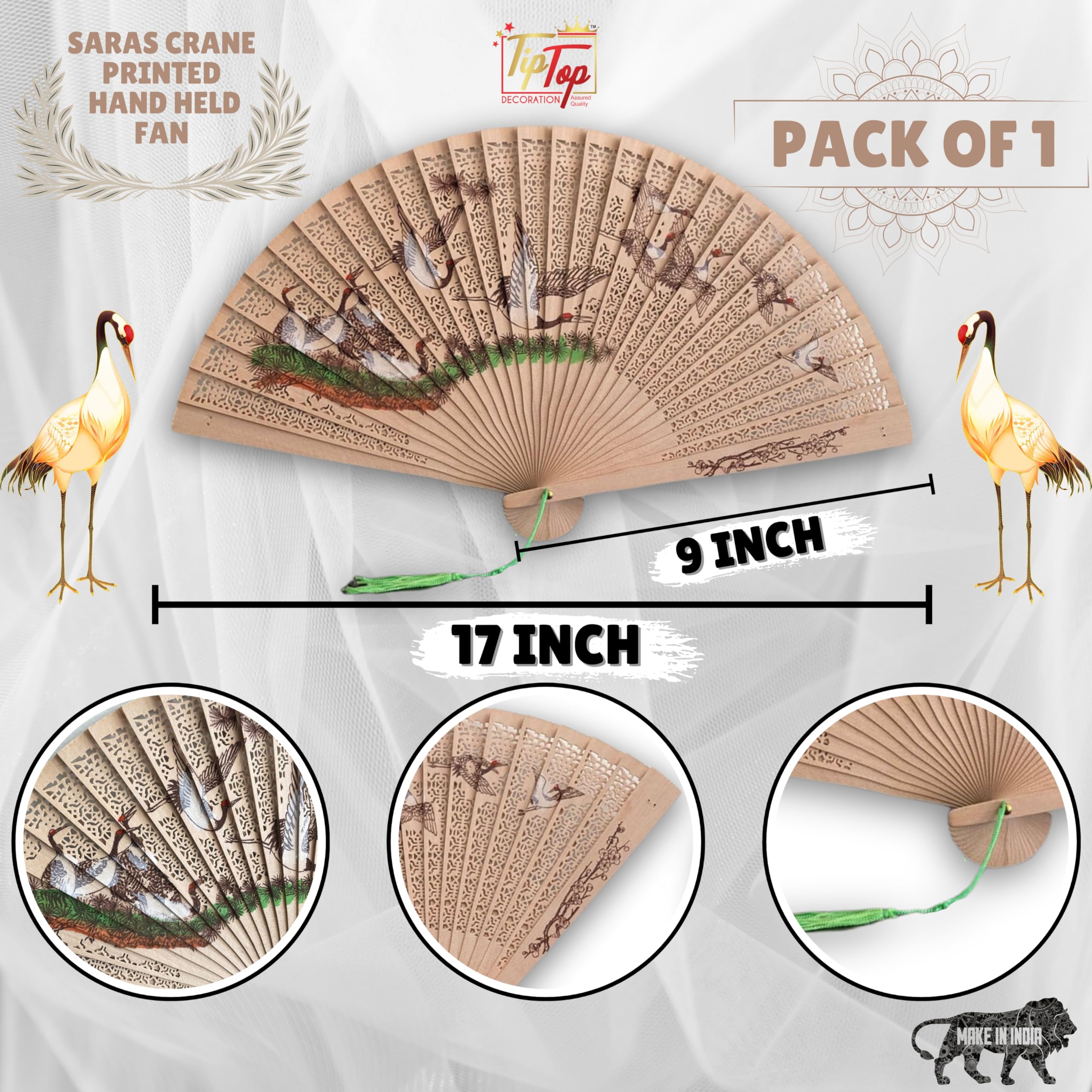 Hand Painted Japanese Crane Fan - 17 Inch -2