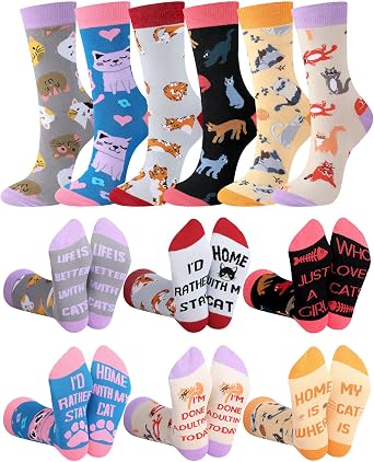 6 Pairs Funny Cat Socks for Women Novelty Stocking Animal Crew Socks for Cat Lovers Mom Gifts