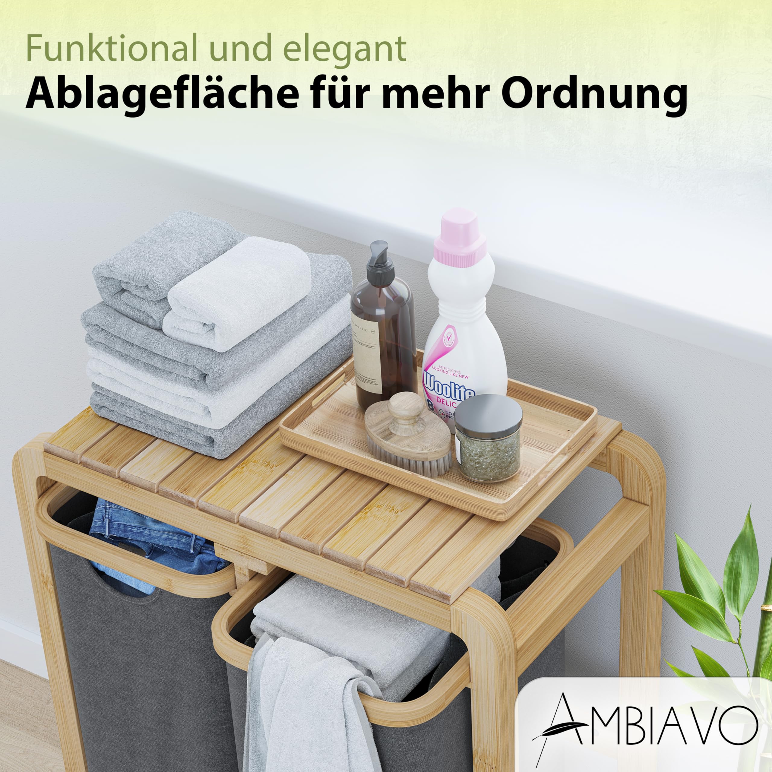 Wäschekorb 2 Fächer grau, schmal & 100 L Bambus · Wäschesammler mit Ablage · 50 L pro Fach · herausnehmbare, waschbare Wäschesäcke