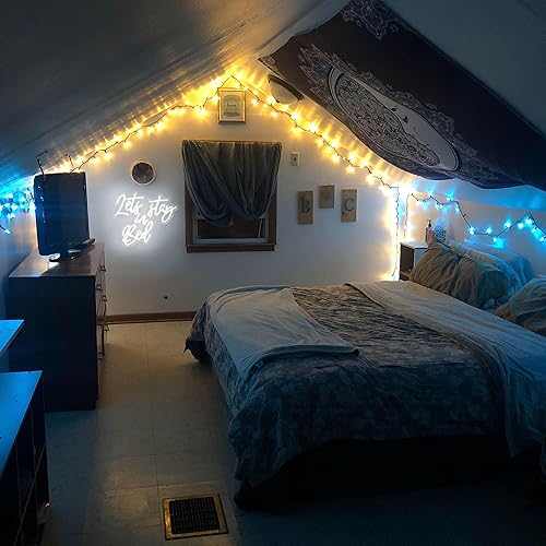 Miniatura 4 de CoolFish Letrero de neón con texto en inglés "Let's Stay in Bed" para decoración de pared, letrero de luz de neón LED para decoración de dormitorio,