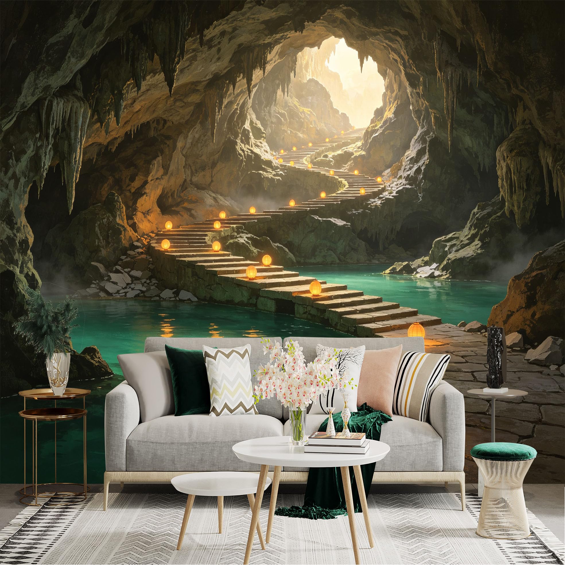 Custom Size Wall Sticker Mural， Mystical Stone Staircase in Glowing Cave， Tranquil Underground Lake with Soft Lantern Lights， for wall Decoration， peelandstick wall Decals.