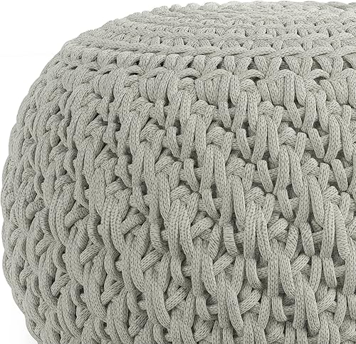 Miniatura 4 de SIMPLIHOME Nisi - Puf redondo de punto para exterior/interior en poliéster PET reciclado gris claro para sala de estar, dormitorio y habitación de