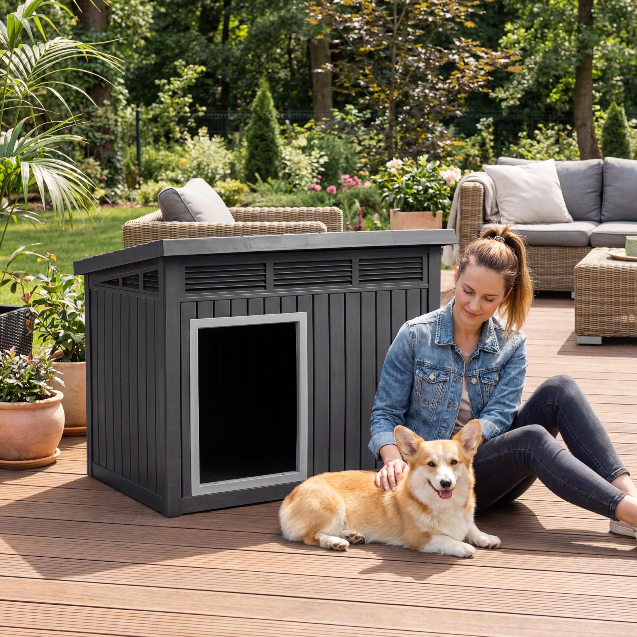 GYMAX Hundehütte Outdoor, Hundehaus für mittelgroße Hunde, Isoliert & Wetterfest, Kleintierhaus mit aufklappbarem Schrägdach, Lüftungsöffnungen & Drainagelöchern, 81 x 64 x 61 cm, Schwarz