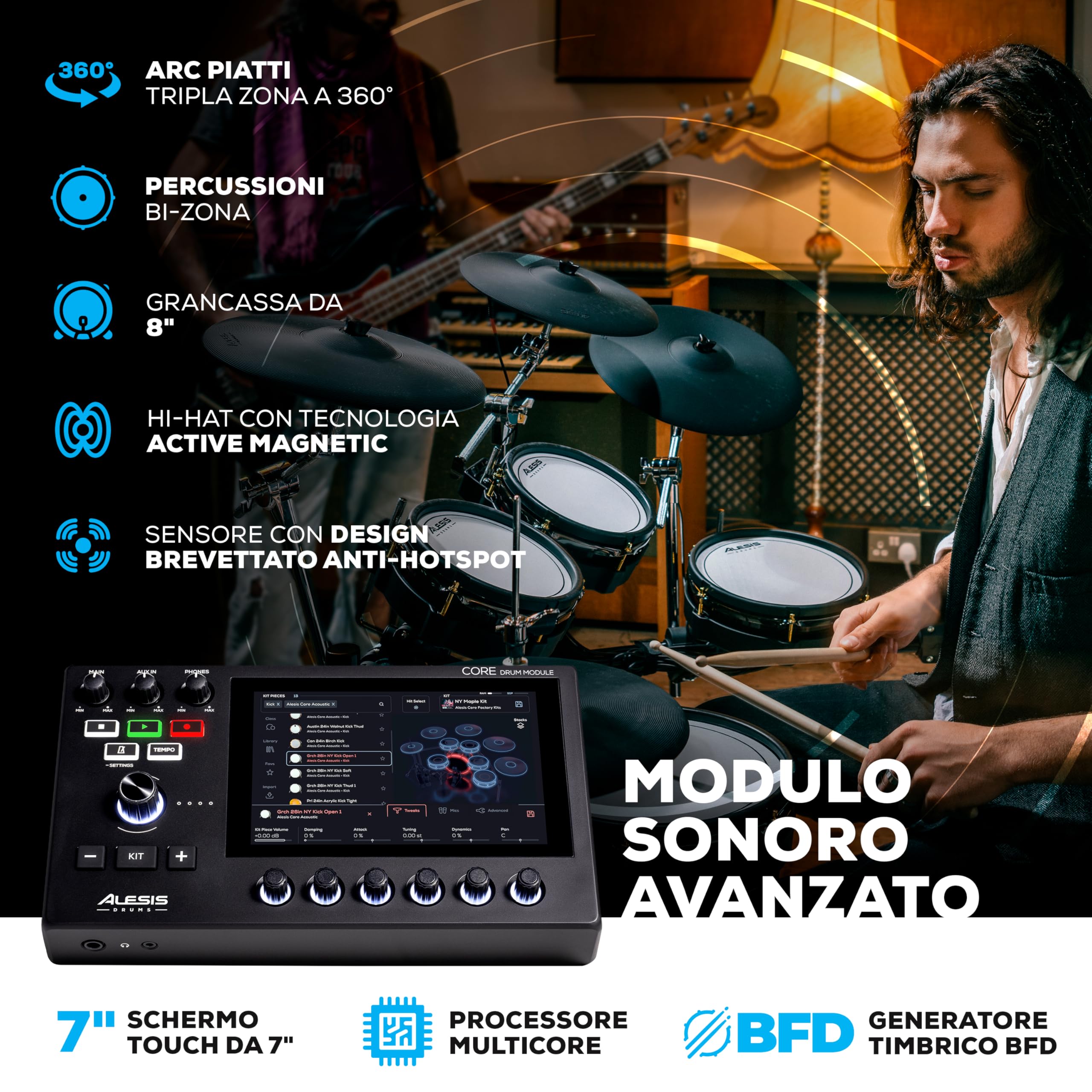 Alesis Strata Core Batteria Elettronica | Rullante Dual-Zone 12", 3 Tom Dual-Zone, Cassa 8", Piatti ARC Tripla-Zona, Hi-Hat Magnetico, Motore BFD, 370+ Pezzi Kit
