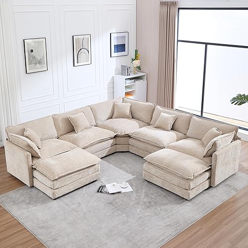 GNIXUU Oversized Modular sectional Sofa, Chenille Large Corner Cloud Couches for Living Room, Convertible 7 Seater U Shaped Couch with Ottoman for Living Room, Camel