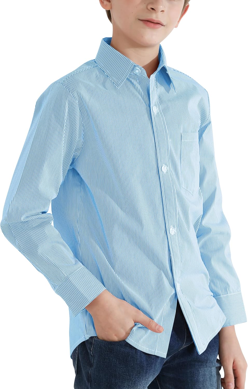 QBK Boys' Long Sleeve Button Down Shirts Oxford Dress Shirt Boys Striped Shirt for 2T-16 Years - Image 3