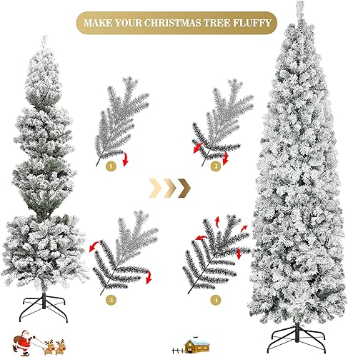 Miniatura 7 de Árbol de Navidad de lápiz preiluminado de 7.5 pies con luces, árbol de Navidad artificial flaco flocado de nieve, árbol de Navidad delgado con 305