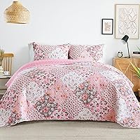 Whale Flotilla Pink Boho Floral Patchwork Quilt Set Queen Size - Reversible Extra Soft Lightweight Bedspread with 2 Pillow Shams, All Seasons