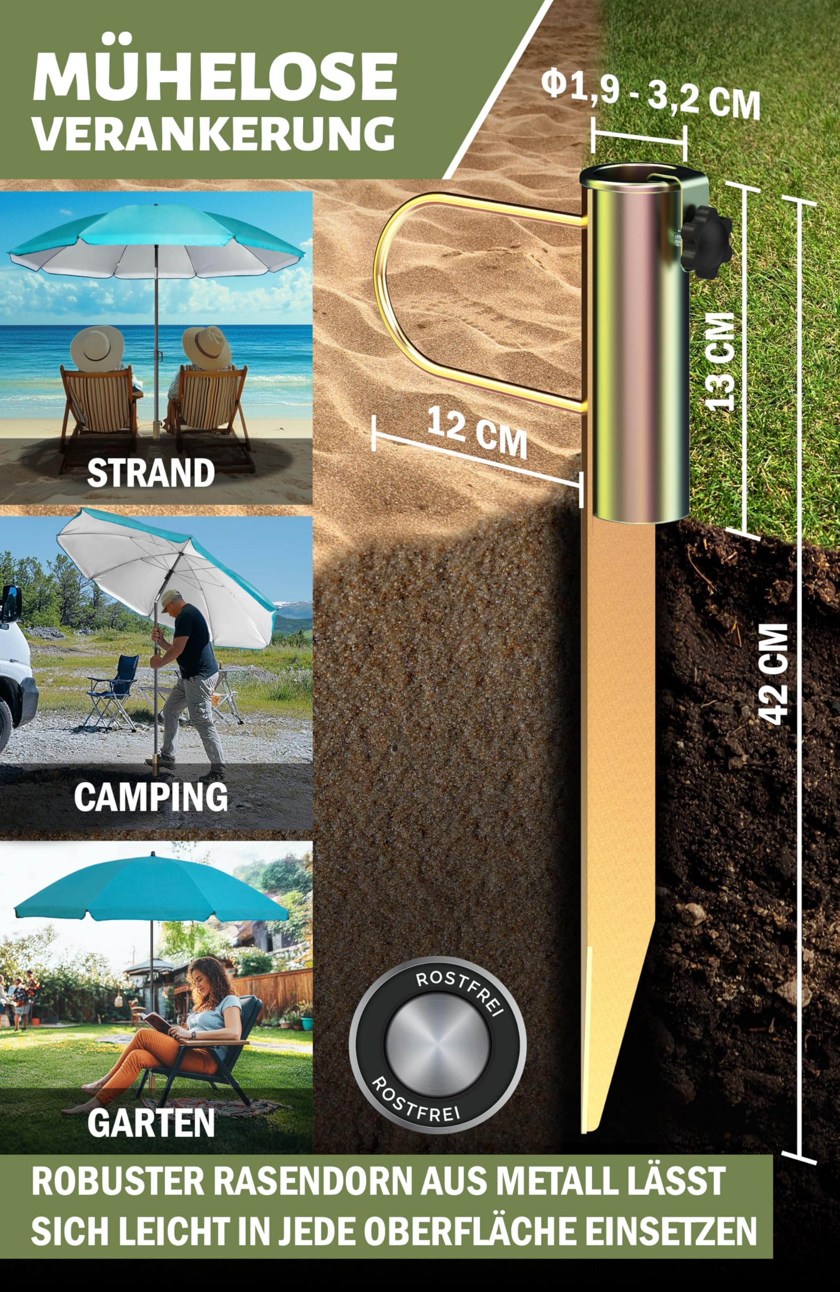 Menz Sonnenschirm Strand Ø 180 cm in Türkis, 3-IN-1 Set - UPF 50+ Strandschirm windfest stabil + Schirmhülle + Rasendorn Sonnenschirmhalter - Sonnenschirm mit Rasendorn für Garten, Schirmspieß