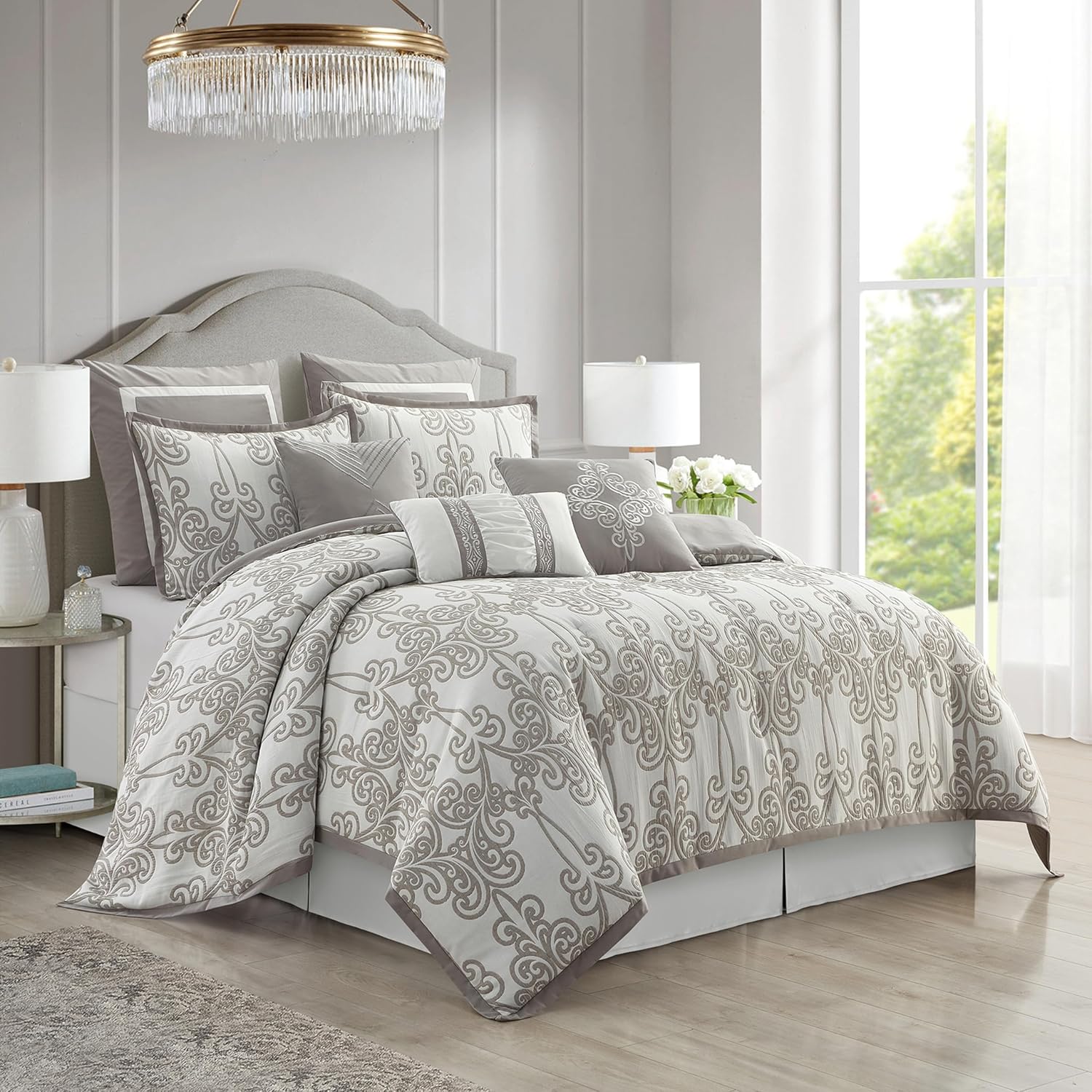 Stratford Park Smoke Grey Comforter Set California King Size, 9 Piece Jacquard Floral Bedding Set, All Season, Ultra-Soft, Matching Pillows & Shams, Bed Skirt