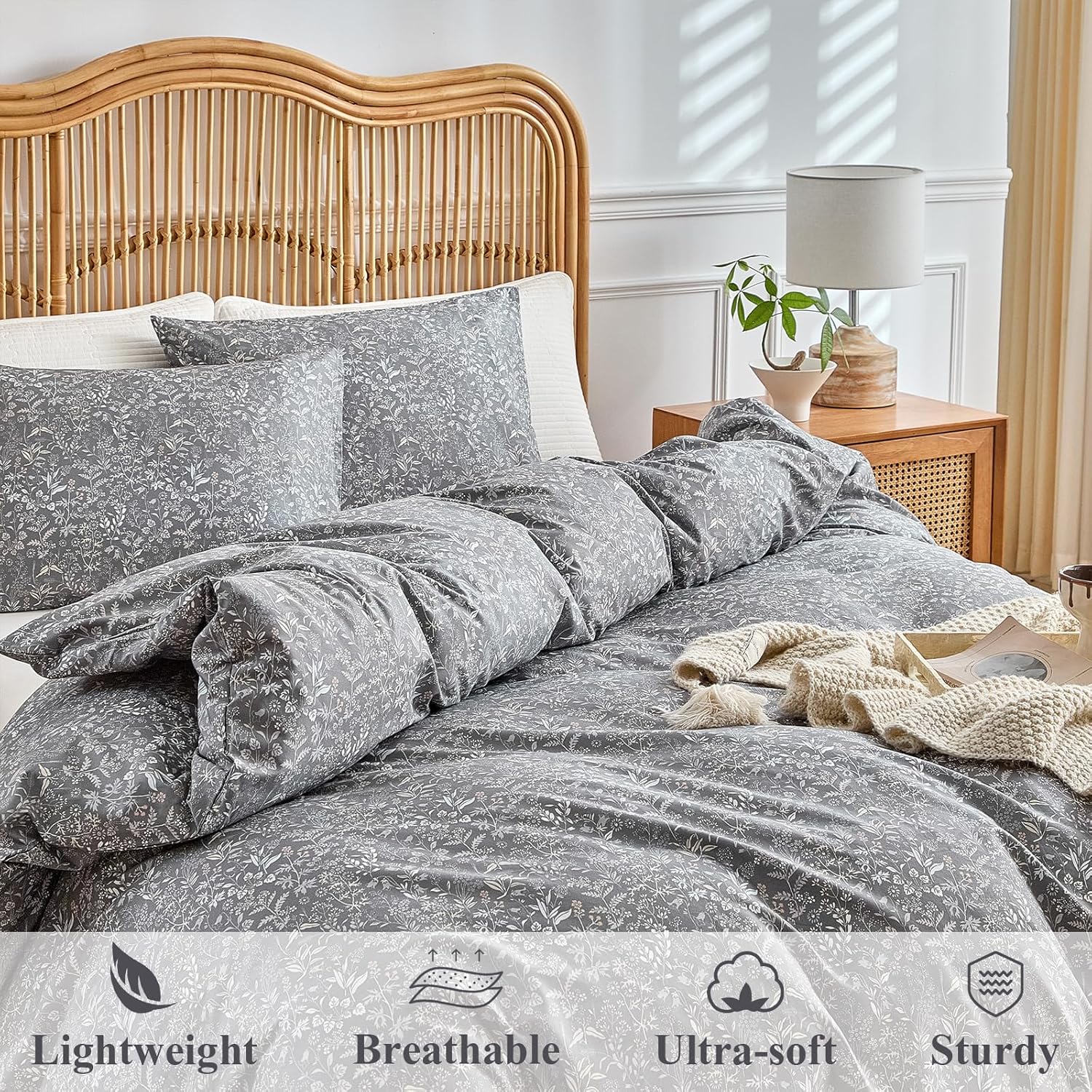 AMWAN Grey Floral Comforter Set Twin XL 3 Pieces, Botanical Bedding Set, 1 Comforter with 2 Pillowcases, Lightweight and Fluffy Comforter for Adults, Teens,All Seasons Aesthetic Comforter Set