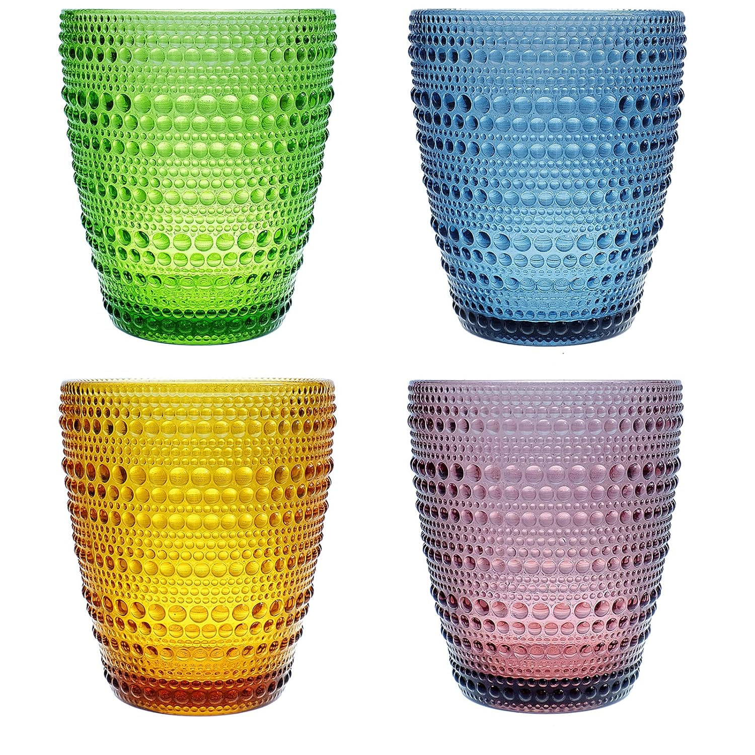SIMPLEWORD Drinking Glasses Vintage Glassware Set of 4 Colored Glass Drinkware Set 10 Oz for Water Juice Milk