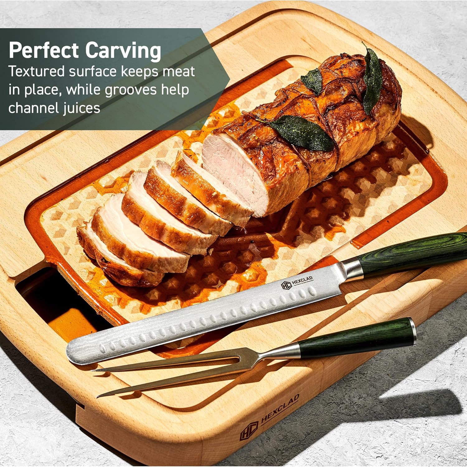 HexClad Hybrid Beechwood Carving and Cutting Board with Stainless Steel Drip Tray, Carrying Handle, and Juice Trenches, Double-Sided