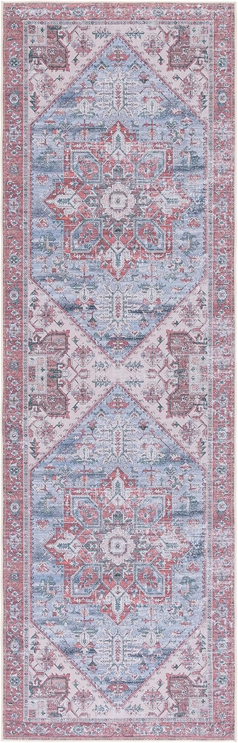 SAFAVIEH Washable Rug Tucson Collection - 2'6" x 20' Runner, Grey Blue & Rust, Slip Resistant & Easy to Clean, Ideal for Living Room, Hallway, Foyer, Entryway, Bedroom (TSN102G)