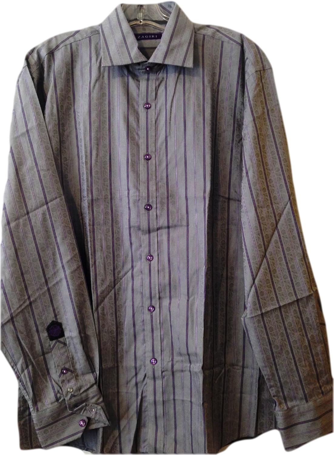 Zagiri Le Mans Men's L/S Dress Shirt, Grey with Purple Pin Striping at