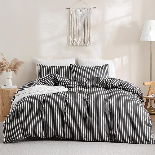 Miniatura 3 de TOCOMOA Juego de funda de edredón a rayas 100% algodón natural suave cómodo transpirable 3 piezas patrón estampado en blanco y negro funda de