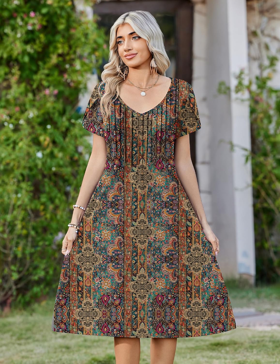 Zeagoo Women Midi Dresses for Summer 2026 Short Sleeve Casual Flowy Dress A Line Pleated V Neck Beach Sundress with Pockets - Image 3