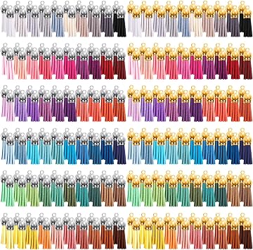 Duufin 240 Pieces Keychain Tassels Bulk Leather Tassel Pendants Colorful Tassel for Keychain, Craft and DIY Projects, 60 Colors Gold and Silver Cap