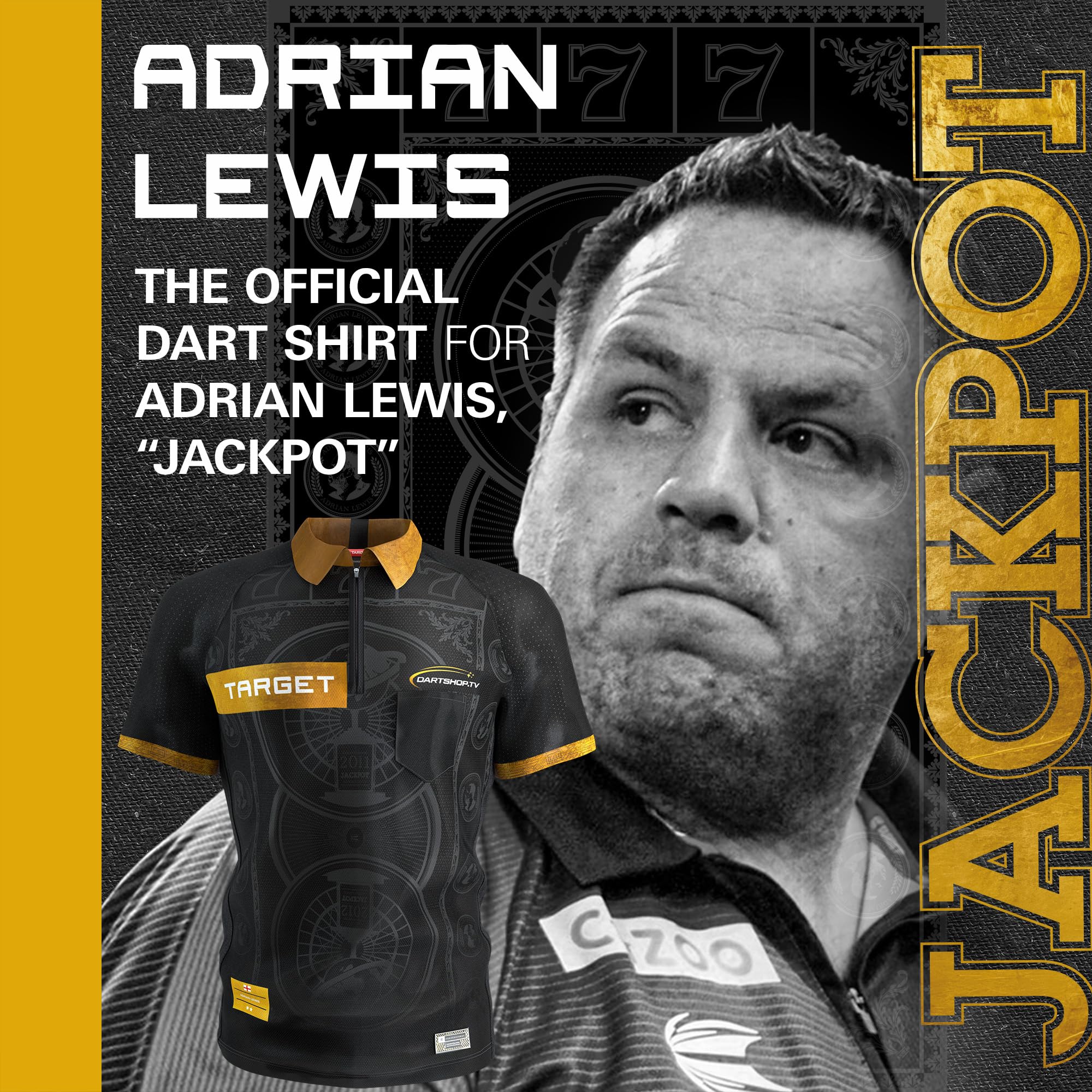 Target Darts Adrian Lewis Dart-Shirt 2025 | Dart-Shirt für Herren, Erwachsene kühl kragenlos Dart-Oberteil, Dartscheiben Herren-Oberteil, The Jackpot“ Player-Edition-T-Shirt – S/M/L/XL/2XL/3XL/4XL