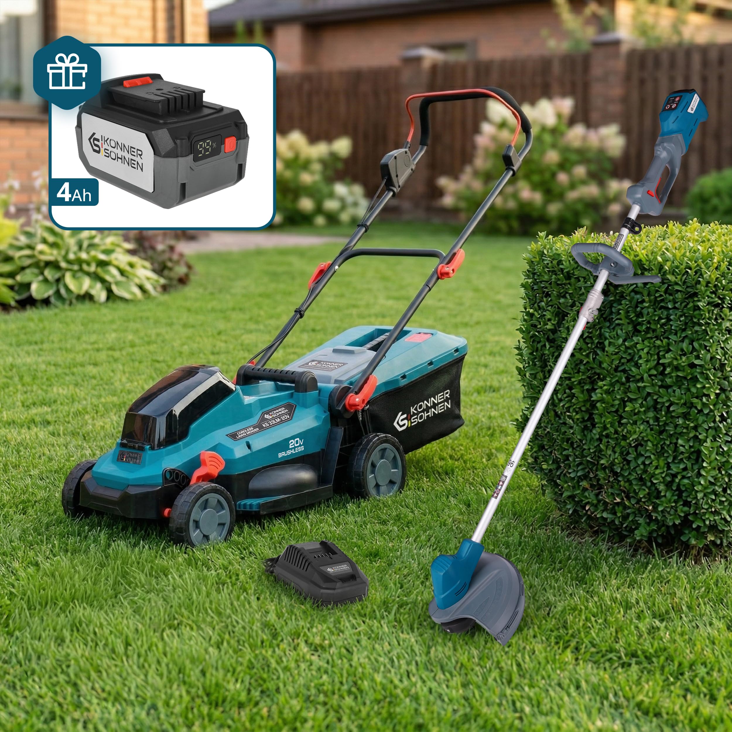 K&S Könner&Söhnen Zestaw do urządzeń ogrodowych zasilanych akumulatorem, do pielęgnacji trawnika, KS 33LM-BCT20V-SET 20 V i kosiarka (5 pozycji) do pielęgnacji trawnika, ładowarka + akumulator 4 Ah