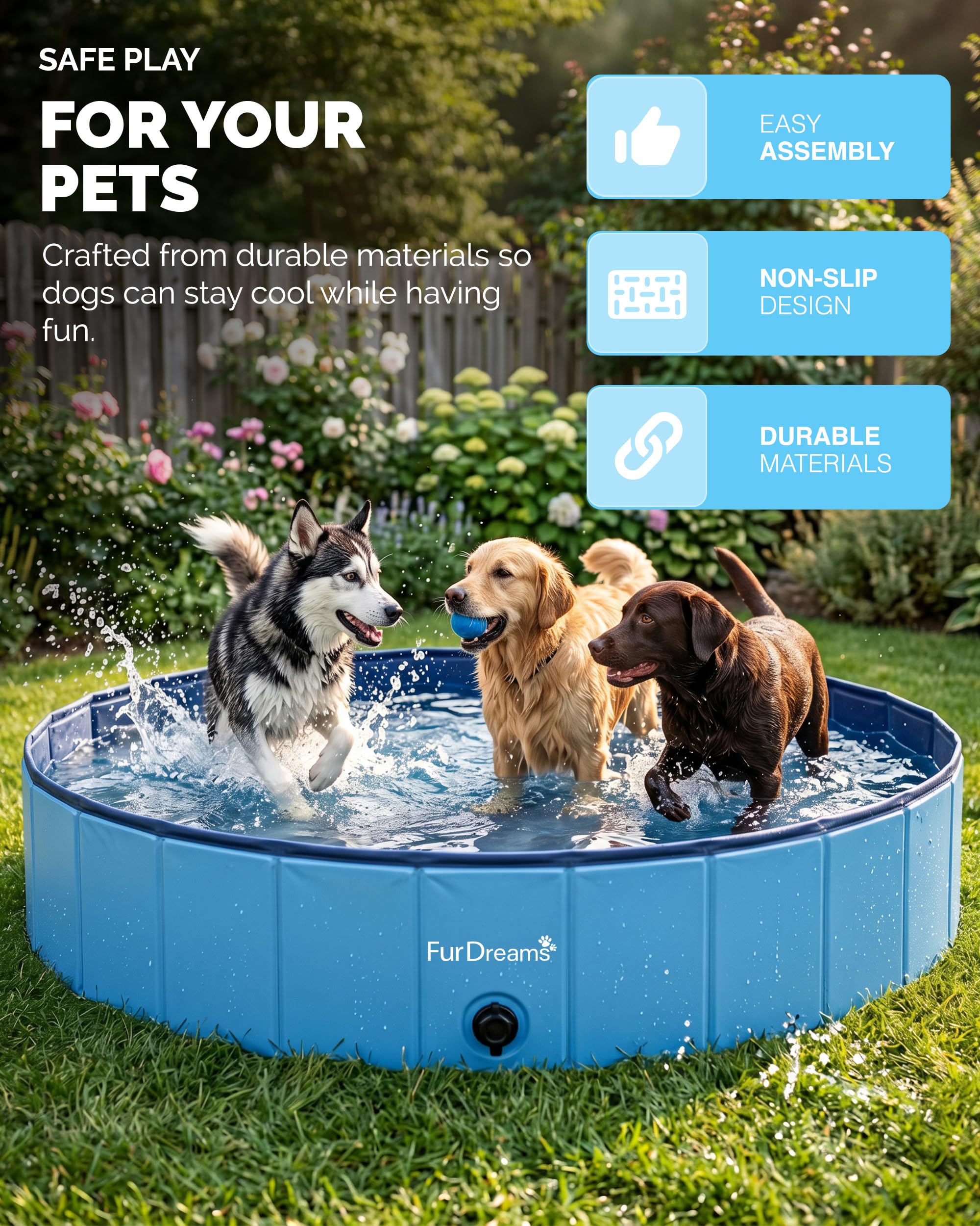 Furdreams Faltbares Haustier-Schwimmbecken, Hartplastik-Hundebadewanne, tragbares, multifunktionales, rutschfestes PVC-Kinderbecken für den Außenbereich enießen Sie Sommerglanz in Garten (Extra Large)