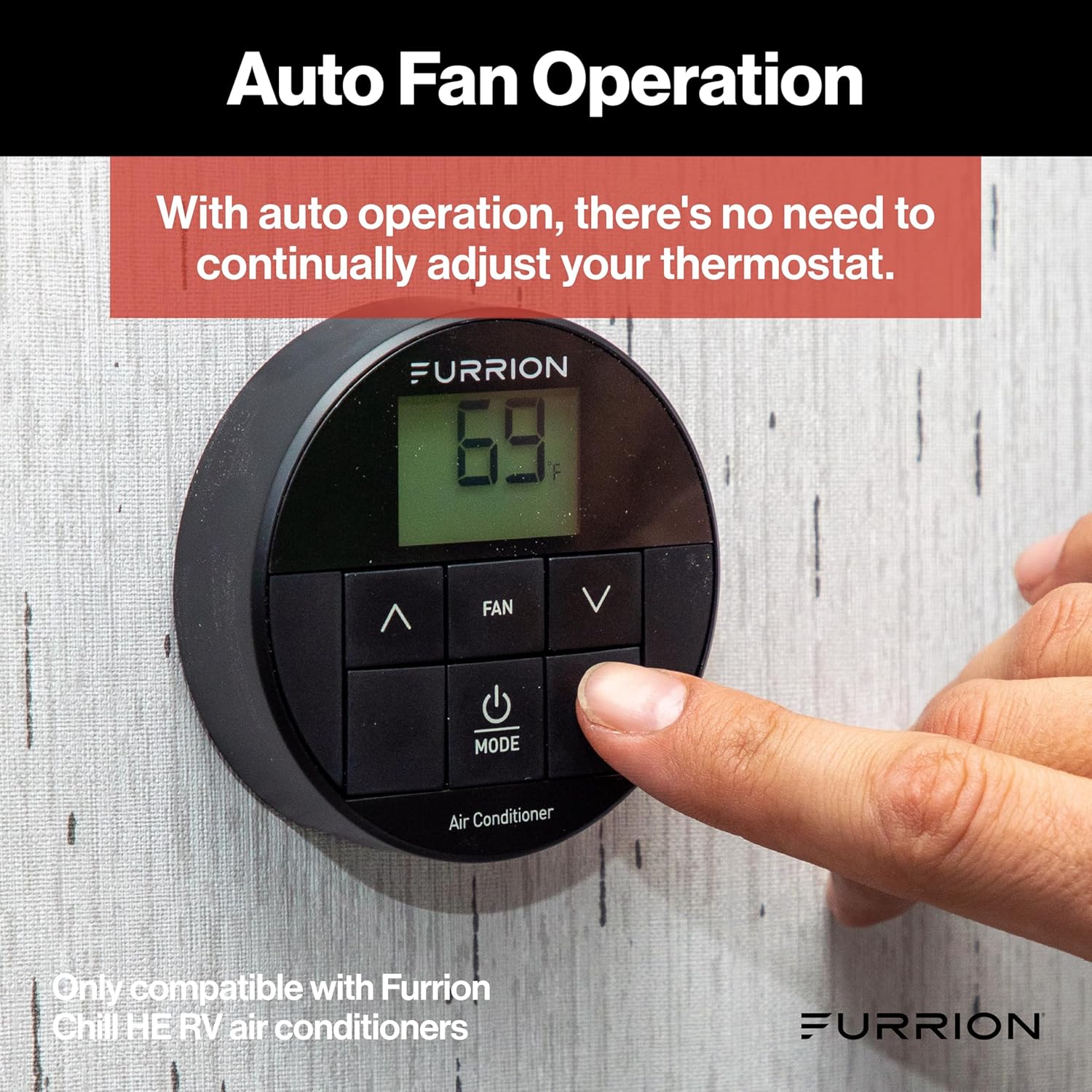 Furrion Chill HE RV Thermostat Single Zone Wall Control, Backlit LCD, Heat Cool Fan Dry Modes, 2 Fan Speeds Auto Fan, 12V, Compatible with Furrion Chill HE Systems - FACW10ESSA-BL