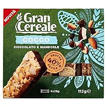 Gran Cereale – Snack Barrette di Frutta Secca con Pezzi di Cocco, Cioccolato e Mandorle – Colazione e Snack Dolce, Confezione da 4 Barrette, 112 g