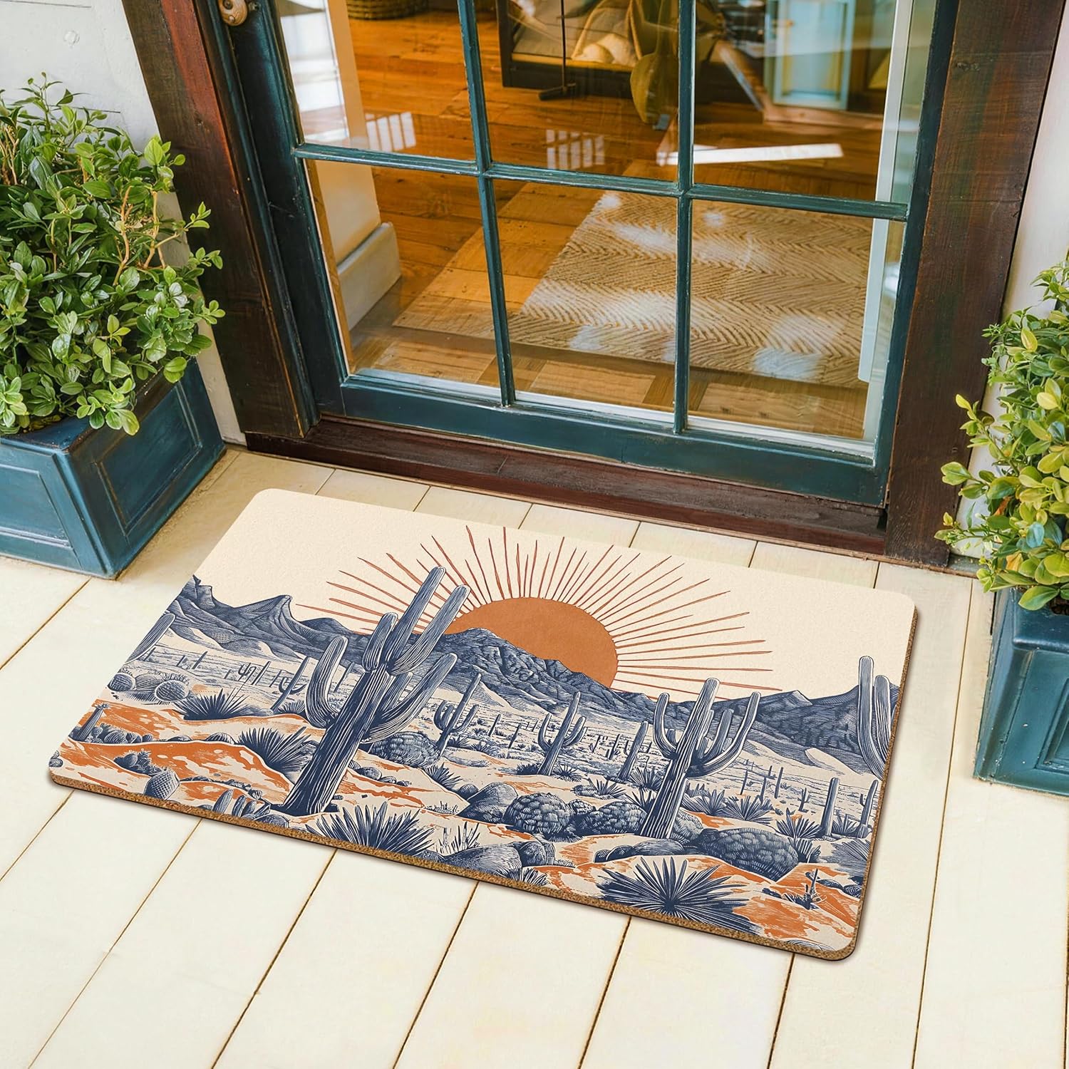 Boho Western Cactus Door Mat, Bohemian Western Landscape Front Door Mat Rug Outdoor Indoor Entrance, Vintage Southwest Artificial Coir Doormat for Porch Patio Entry Entryway, 30x17 Inch