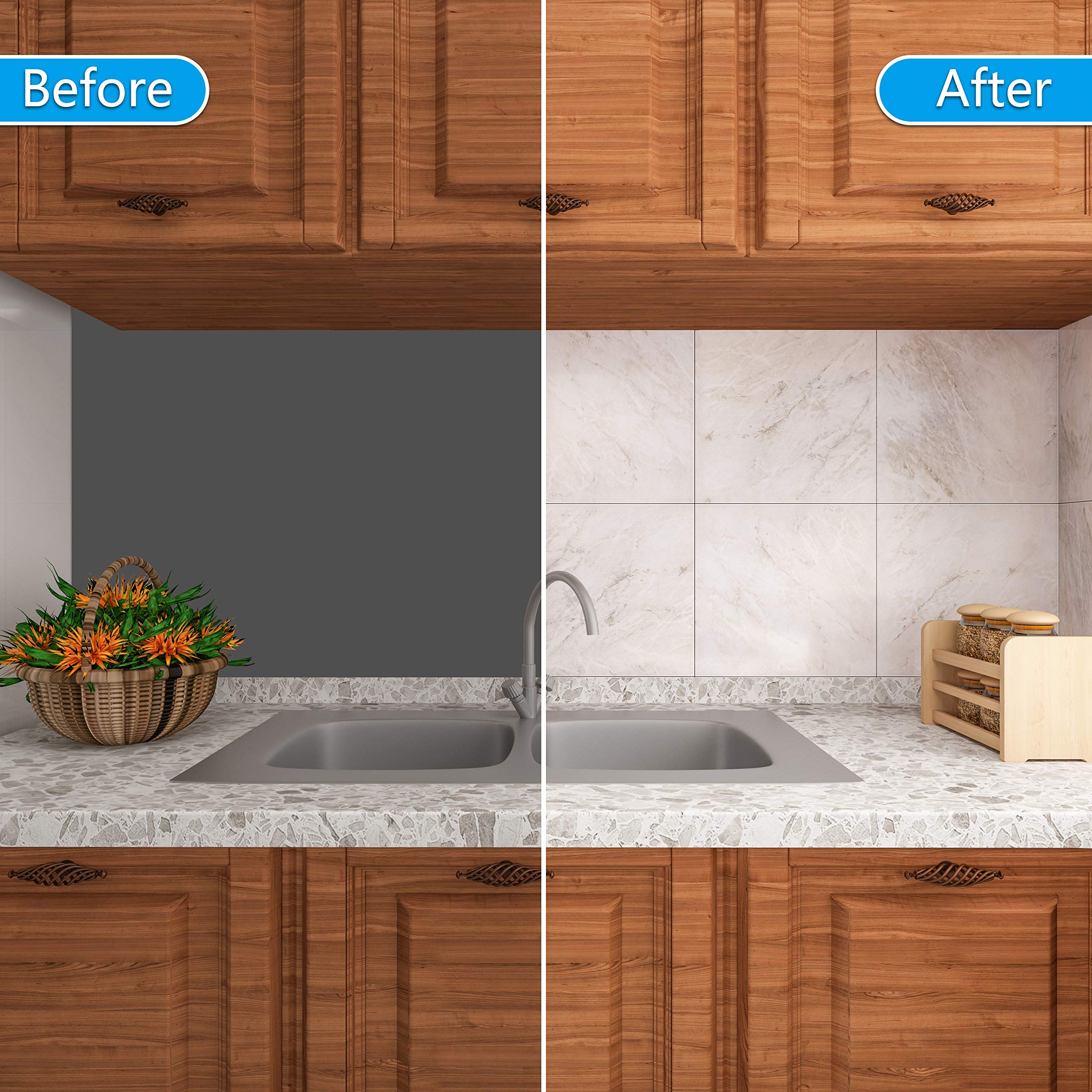 VEELIKE Adhesivo Autoadhesivo de PVC para Pared para Cocina Encimera Salpicadero Resistente al Aceite Fácil de Limpiar Vinilo Blanco y Gris Resistente al Agua para Suelo de Baño 24 Piezas 30cm x 30cm