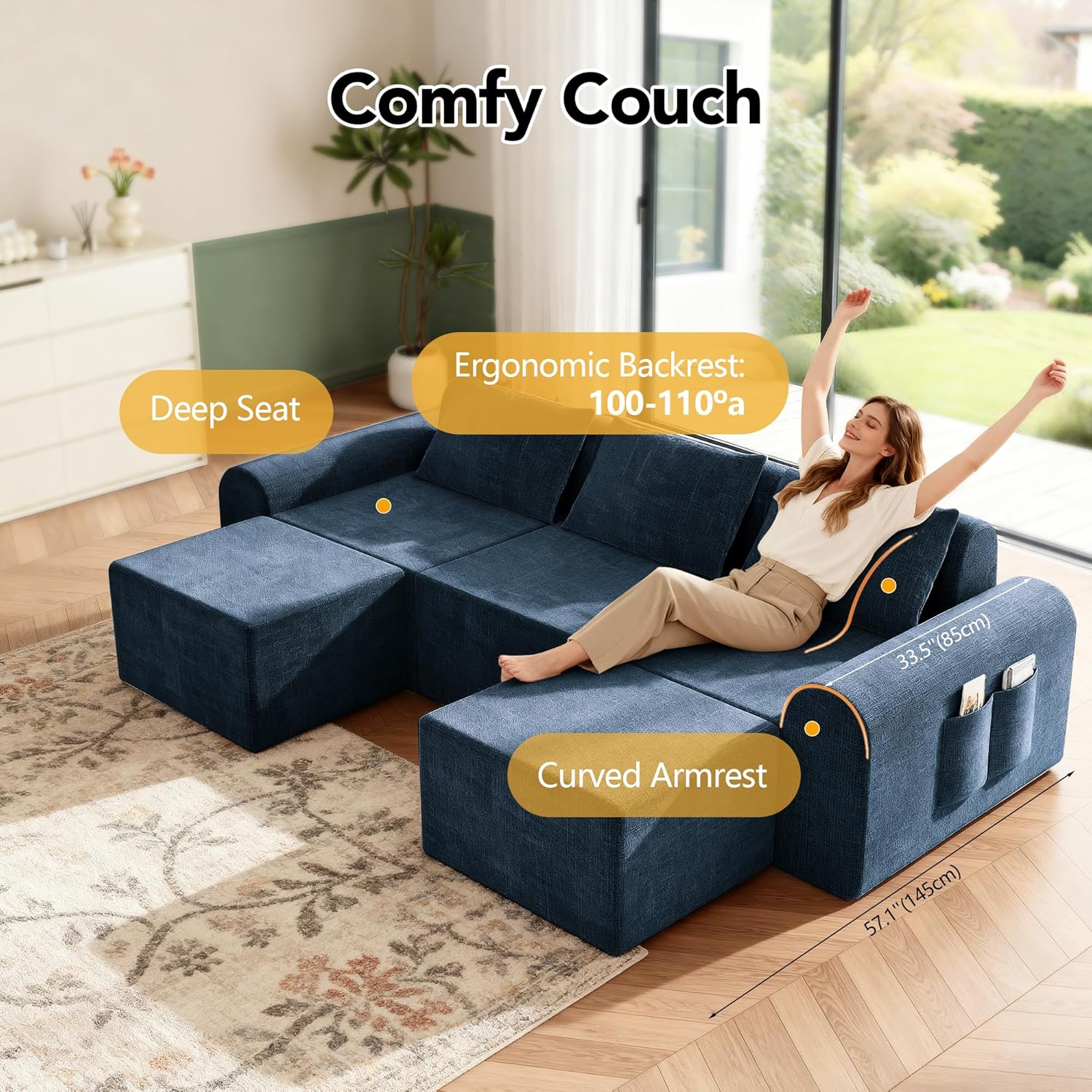 Cloud Modular Sectional Sofa, No Assembly Deep Seat Chenille Couch with 2 Ottomans, 3-Seater Modular Sofa for Living Room, Blue