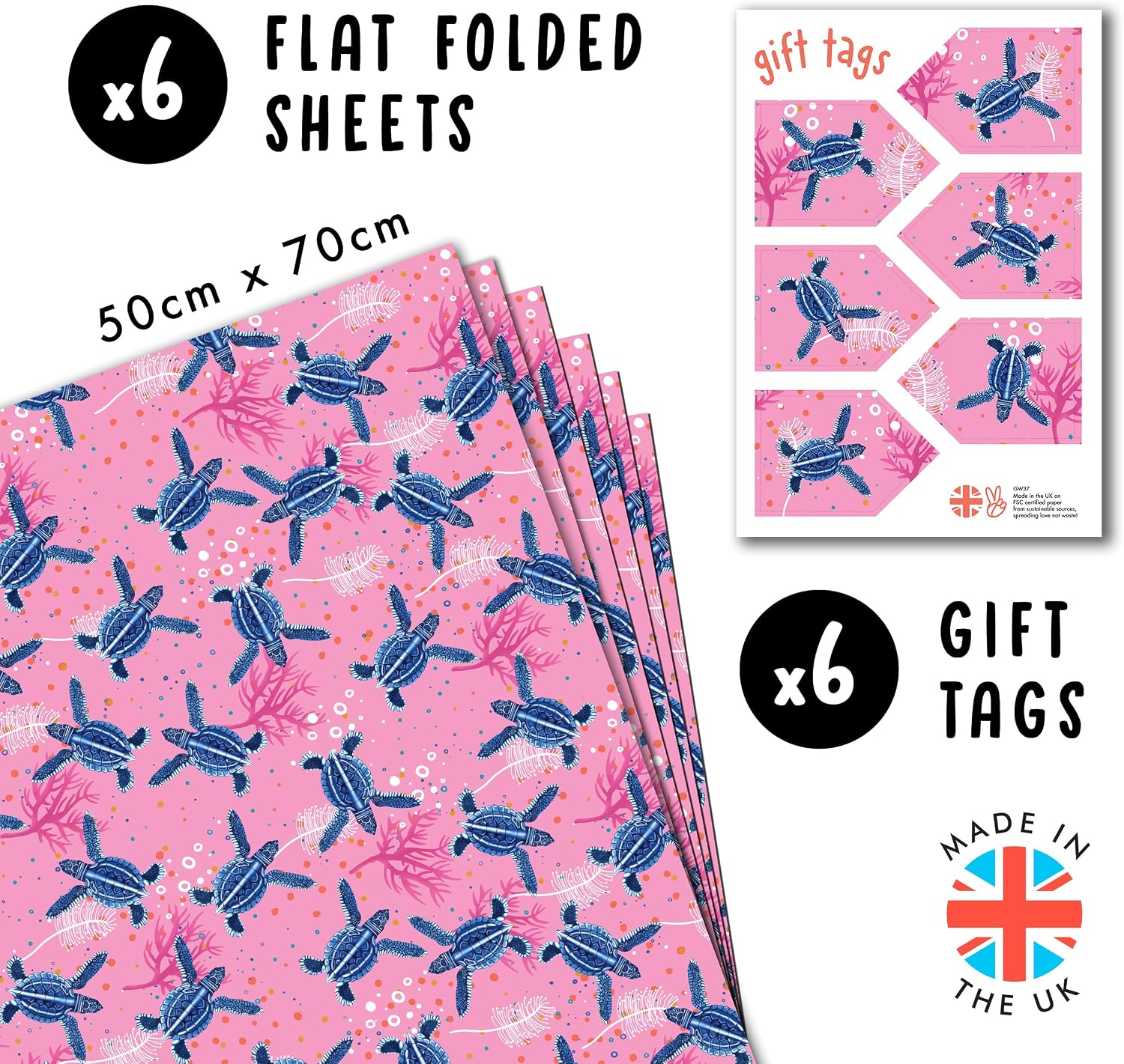 CENTRAL 23 - Pink Wrapping Paper - Blue Turtles - Birthday Gift Wrap - 6 Sheets - For Girls Women Females - Recyclable image 2