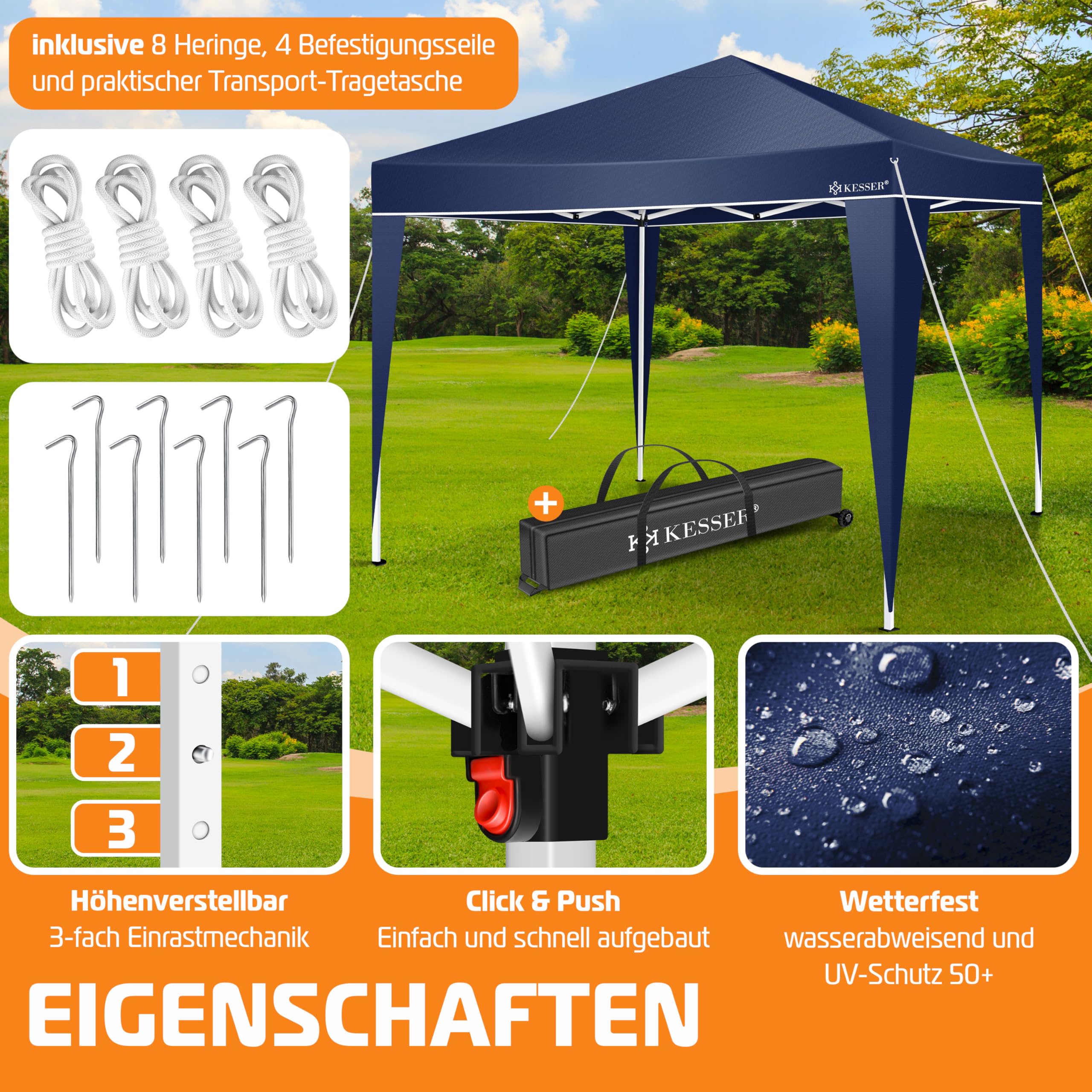 KESSER® Gazebo Pieghevole 3x3m | Pop-Up Regolabile in Altezza Stabile Impermeabile Resistente all’Inverno | Protezione UV 50+ Inclusa Borsa con Ruote & Ancoraggio al Suolo - Blu