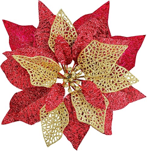 Juego de 14 flores de Pascua artificiales de 8.7 pulgadas de ancho, 4 capas de purpurina metálica roja de Navidad, adornos de árbol de Navidad para disponible en Yaxa Peru