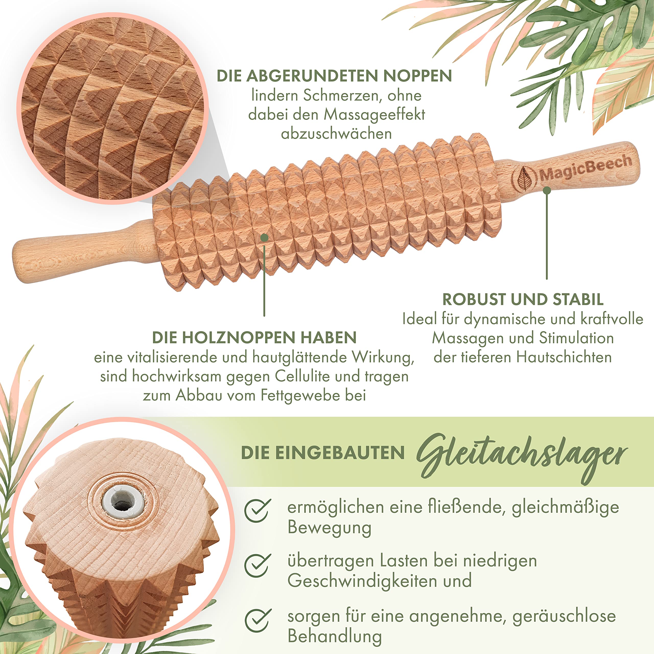 Massageroller aus 100% Buchenholz – Holz Massage-Rolle mit Griff Massagegerät gegen Cellulite zur Maderotherapie Lymphdrainage Körpermassage