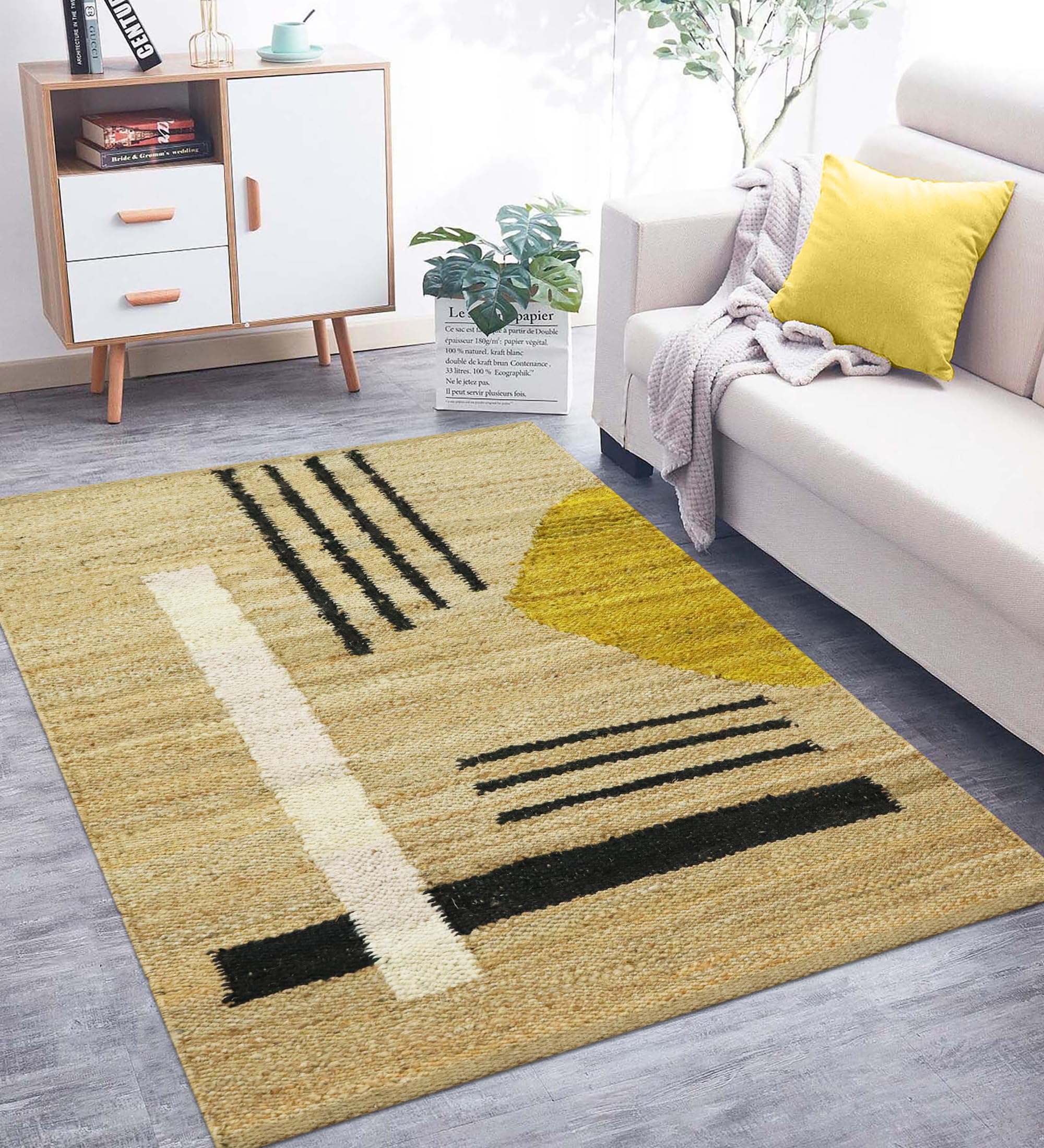Zwaar gevlochten, handgeweven jute 3 x 12 kelim vloerkleed, natuurlijk geometrisch design, groen en beige, duurzaam, plat geweven tapijt voor binnen en buiten, ideaal voor hal, entree, trappen, gang