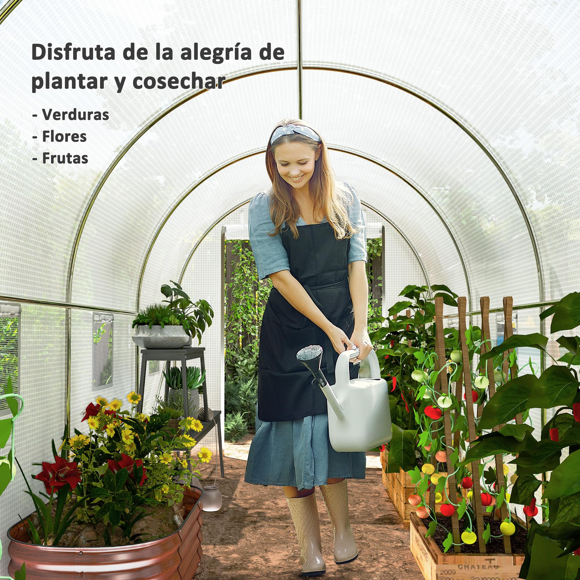 Outsunny Invernadero de Túnel 500x200x205 cm Invernadero de Jardín con Puerta Enrollable y 8 Ventanas Cubierta PE 140 g/m² Marco de Metal para Cultivo Plantas Verduras Blanco