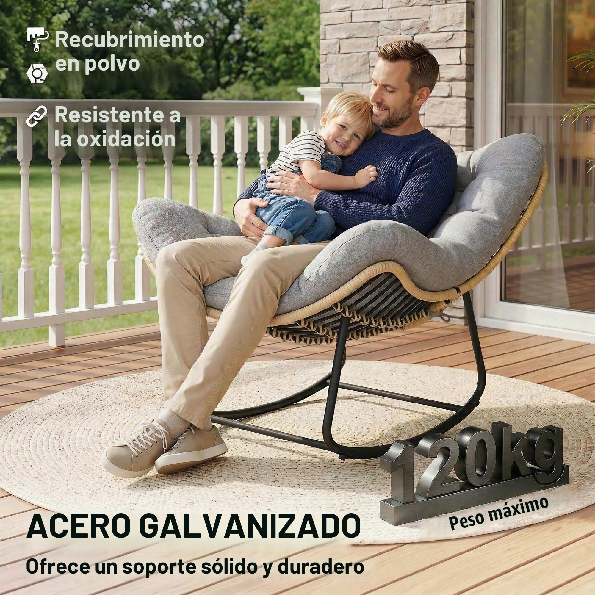 Outsunny Mecedora de Rattan con cojín Grueso 120kg 87x110x70cm Gris